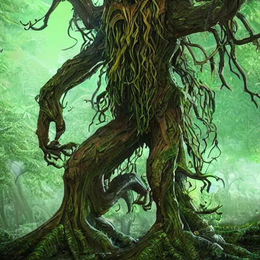 Image similar to giant green old treant creature, elven treant made of leaves and roots, old elven treant, old humanoid ents, old humanoid treant, epic fantasy style, green theme, forest background, hearthstone artwork