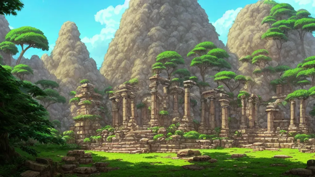 Image similar to ancient temple ruins, studio ghibli, pixar and disney animation, sharp, rendered in unreal engine 5, highly detailed, digital painting, artstation, concept art, smooth, sharp focus, illustration, wide angle, artbook, wallpaper, splash art, promo art, dramatic lighting, art by artgerm and greg rutkowski and bo chen and jin xiaodi