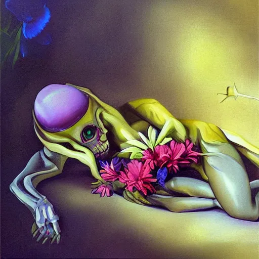 Image similar to beautiful painting of a cute alien sleeping laying in colorful flowers. sci fi concept art by caravaggio