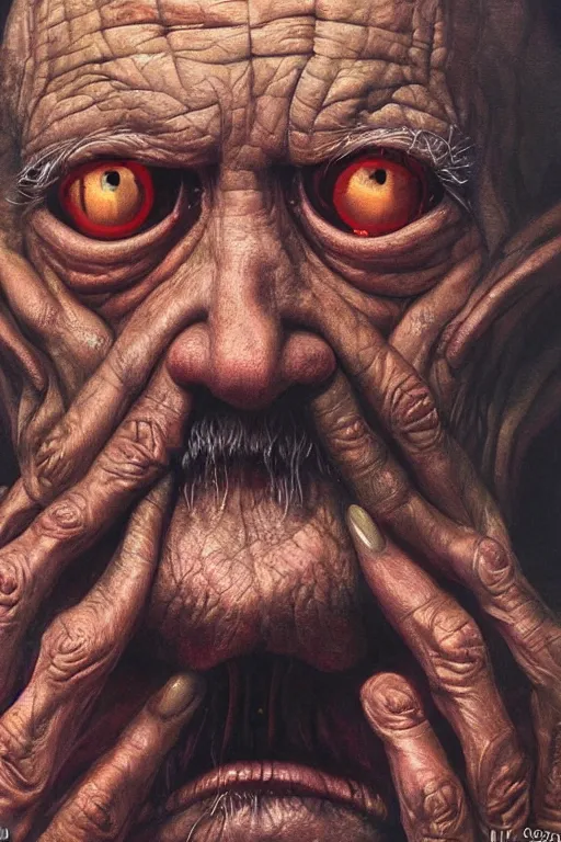 Image similar to hyperrealism oil painting, close - up portrait of a scary old man with a thousand eyes and mandibles, in style of baroque zdzislaw beksinski