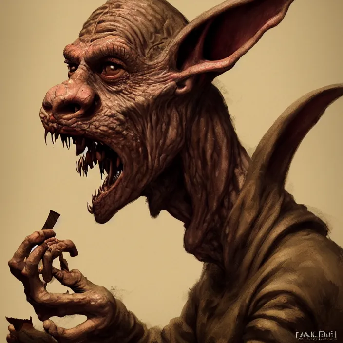 Image similar to profile face portrait of a medieval goblin eating cakes in the cloisters, beautiful face, hyper realistic, highly detailed, digital painting, artstation, illustration, concept art by hyung tae and frank frazetta, digital paint, matte paint, washed colors, dark, gloomy