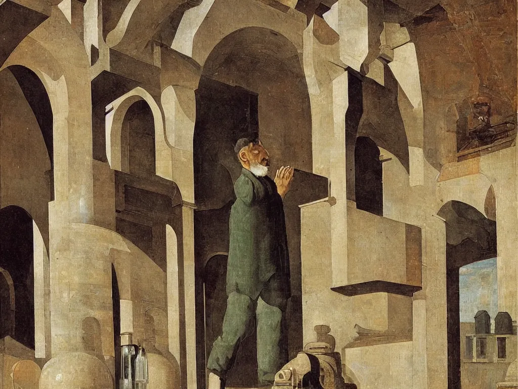 Prompt: portrait of an alchemist with glass outside of renaissance marble basilica. painting by paolo ucello, giorgio de chirico