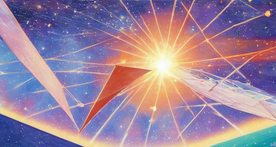 Prompt: solar sail in space, blocking the sun, seen from earth, art deco painting