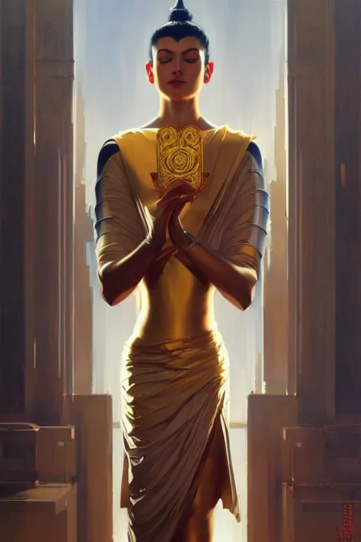 Image similar to buddhism, futurism, knight, painting by greg rutkowski, j. c. leyendecker, artgerm