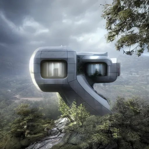 Image similar to Photo of a futuristic cybernetic house on a cliff