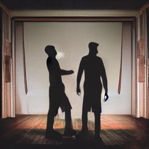 Prompt: Two male silhouettes on an abandoned theatre stage, polaroid picture, colour, bright, vignette, 4k, vague