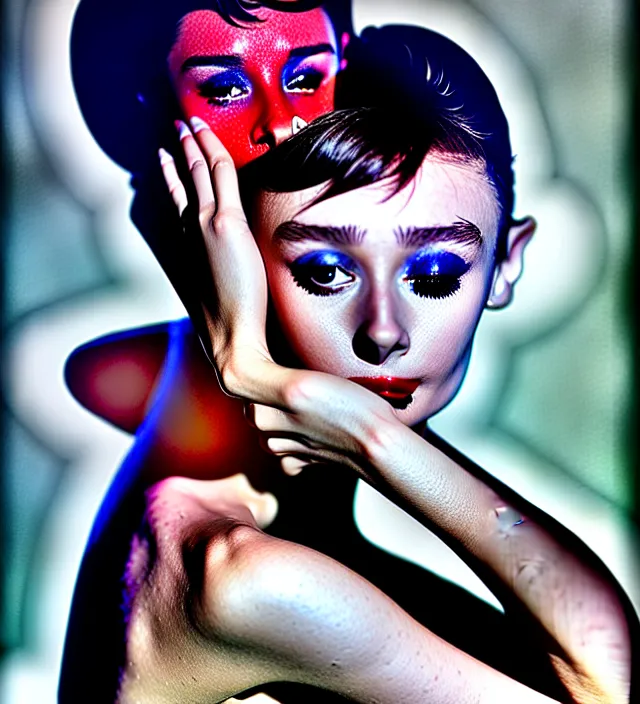 Image similar to photography facial portrait in a gaz station at night of seductive actress audrey hepburn with a dressed from * iris van herpen *, with stylish colorfull makeup. intriguing soft back lighting, geisha tattoo, highly detailed, skin grain detail, photography by paolo roversi, nick knight, helmut newton, avedon, araki