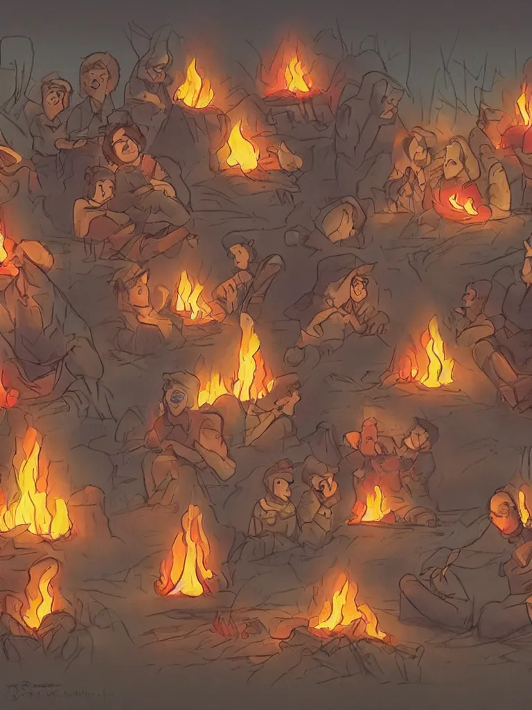 Image similar to camp fire lit faces by disney concept artists, blunt borders, rule of thirds