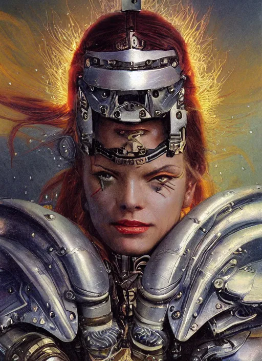 Prompt: biblical diabolical beautiful female valkyree! samurai cyborg, slick metal plastic armor, jump, heavy eyes to the side, closeup, bright glowing eyes, in clouds, rain, sunset, portrait, by gerald brom, by mikhail vrubel, by peter elson, muted colors, extreme detail, reflections, trending on artstation, 8 k