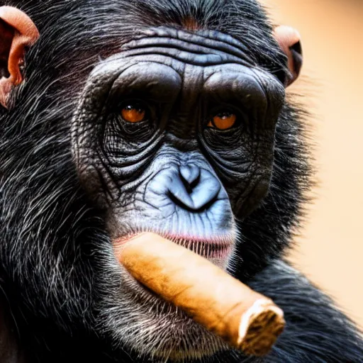 Prompt: a high detail closeup shot of a chimp wearing a suit, smoking a cigar