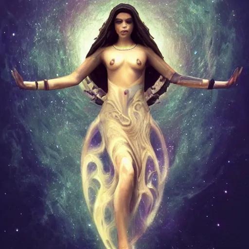 Prompt: stunning human goddess rising from the void