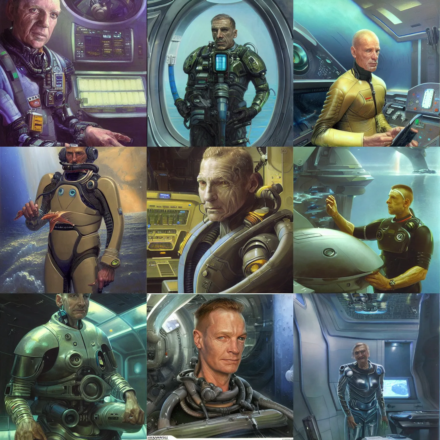 Prompt: futuristic starship alien crew member, masculine aquatic alien, working at his station, candid, sci fi character portrait by Donato Giancola, Craig Mullins