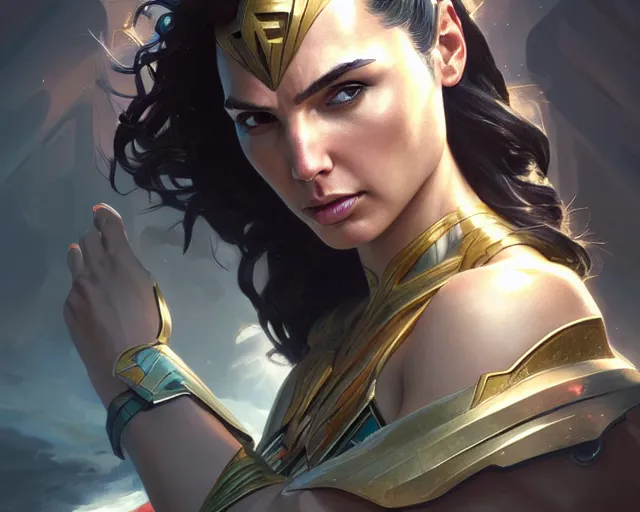 Image similar to photography of gal gadot, deep focus, futuristic, intricate, elegant, highly detailed, digital painting, artstation, concept art, matte, sharp focus, illustration, hearthstone, art by artgerm and greg rutkowski and alphonse mucha