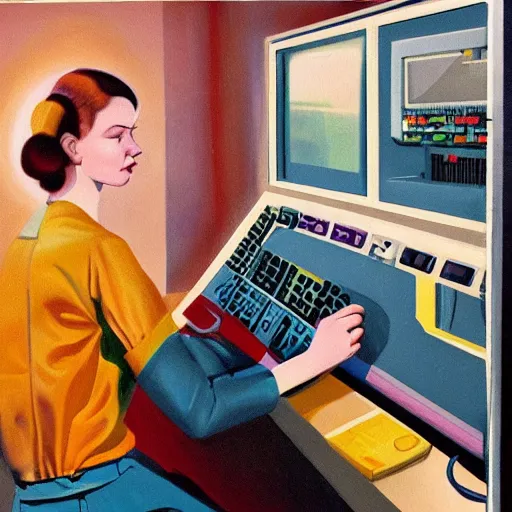 Prompt: oil on canvas portrait of a woman programming a computer, retro science fiction vintage art, colorful, very detailed