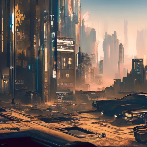 Image similar to highly detailed cyberpunk cityscape, desert, dystopian and dark themes, cyberpunk 2 0 7 7 and beksinki style painting, realistic