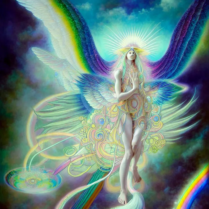 Image similar to psychedelic angelic celestial being by yoshitaka amano, and peter mohrbacher, ayahuasca, sacred geometry, esoteric art, rainbow colors, nature spirits gaia