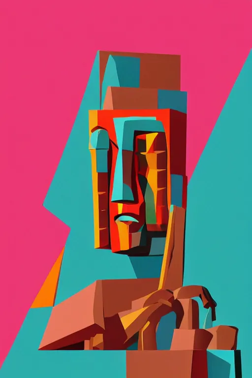 Image similar to cubist moai statue cutout digital illustration cartoon colorful beeple