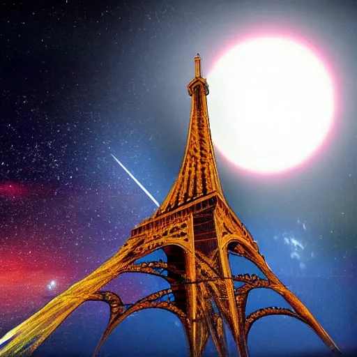 Prompt: an asteroid the size of the moon crashing into the eiffel tower at the point of impact.