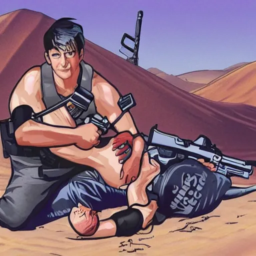 Image similar to george soros wrestling posing with an ak 4 7 in the desert anime stlye