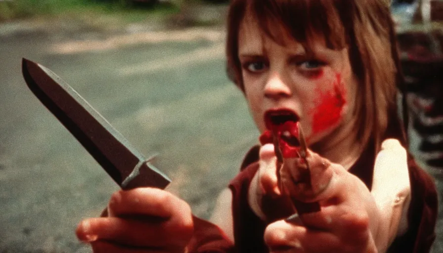 Prompt: 7 0 s film still from a horror movie about children playing with knives and guns, kodachrome, cinecolor, cinestill, film grain, film texture, retro, cinematic, high resolution, photorealism,