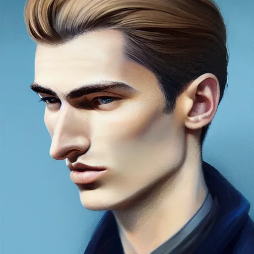 Image similar to tall man in his twenties with brown blond short quiff hair and thin slightly round facial structure with cleft chin, straight eyebrows and prominent nose, good definition of cheekbones, big hazel nut brown eyes, narrow face, slim body, atmospheric lighting, painted, intricate, 4 k, highly detailed by charlie bowater