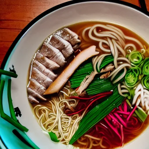 Prompt: flatlay realistic photo of delicious pho, ramen, highly detailed, natural light, 8 k hd, award winning, artstation,