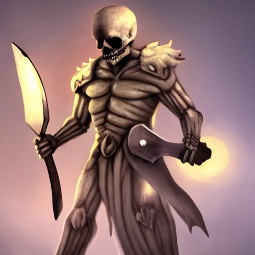 Image similar to Powerful skeleton holding axe, concept art, 4k, high detailed