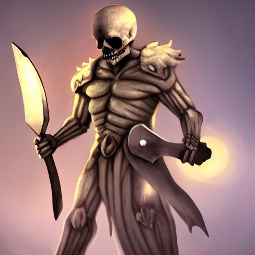 Prompt: Powerful skeleton holding axe, concept art, 4k, high detailed