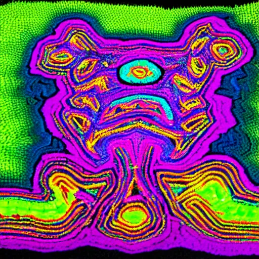 Image similar to trippy neon huichol art design of an axolotl