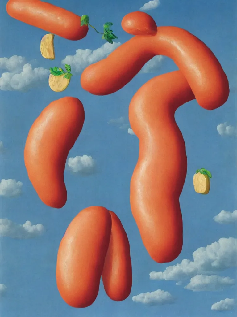 Prompt: Rene Magritte's Son Of Man painting with a floating pink hotdog blocking the face, the hotdogs all have faces, the hotdog has a stem and leaves and is growing more unripe hotdogs on the hotdog vine