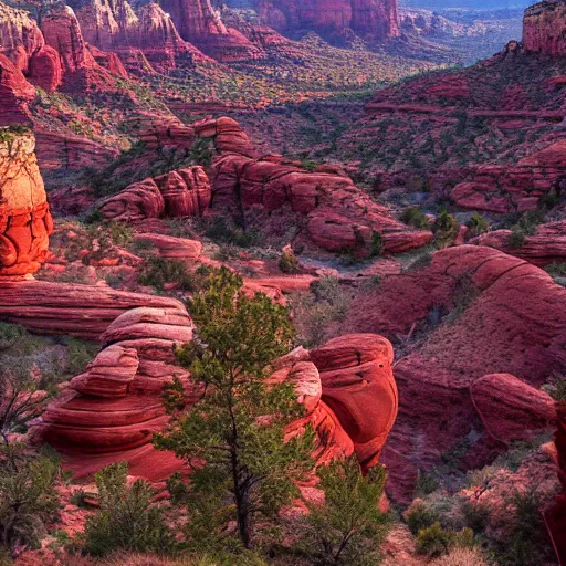 Prompt: bottom-up view from a huge deep red rock canyon in Sedona, in the evening light ultra detailed by National Geographic style, golden hour, atmospheric lighting, 8k resolution, best color graded, vray beautiful, hyper-realistic render W 1080 H 1080
