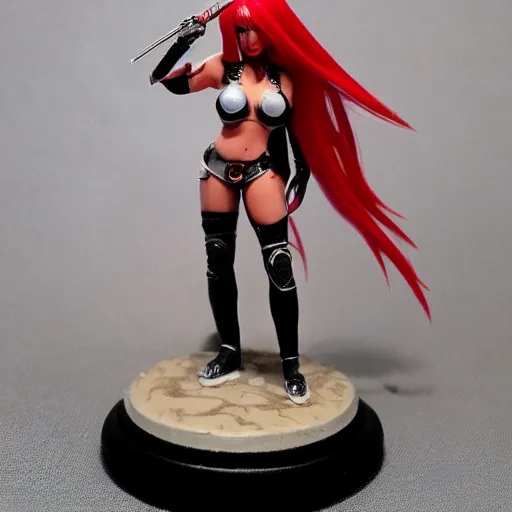 Prompt: Scifi Fantasy Christina Aguilera platinum blonde with red extensions, Come On Over Baby music video. Games Workshop mini. D&D TTRPG Warhammer 40k mini. 28mm Heroic Scale, round base with custom terrain.