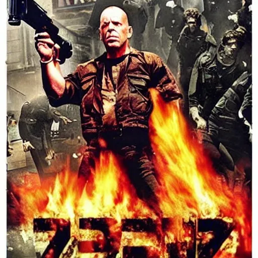 Prompt: Bruce Willis using a flamethrower to fight off a crowd of zombies, promo poster for new movie directed by George Romero