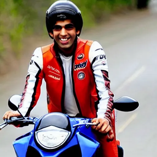 Prompt: photo of rishi sunak on a motorcycle smiling but angry