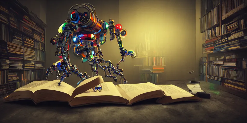 Image similar to A frightening multi armed evil robot devouring books with pipes and tubes and pages floating down, hyperealistic very colourful hdr cinematic lighting cgi render photorealistic cinematic octane render