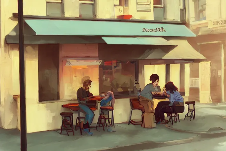 Prompt: street coffee shop, by loish trending on artstation deviantart