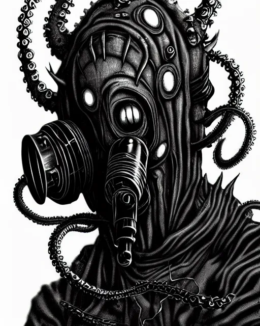 Image similar to Dark scary atomospheric detailed Outsider cyberpunk demon with scaly Tentacles from the Netherealm wearing a gas mask by HR Giger