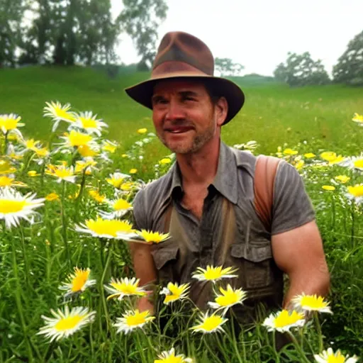 Image similar to indiana jones, frolicking through daisies