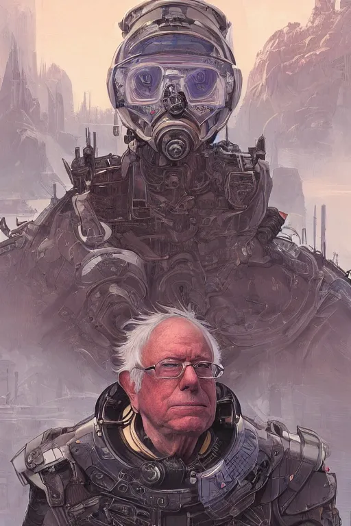 Image similar to Portrait of Bernie Sanders wearing futuristic power armor, fantasy, intricate, highly detailed, digital painting, trending on artstation, sharp focus, illustration, style of Stanley Artgerm and Greg Rutkowski and Dan Mumford and Alphonse Mucha