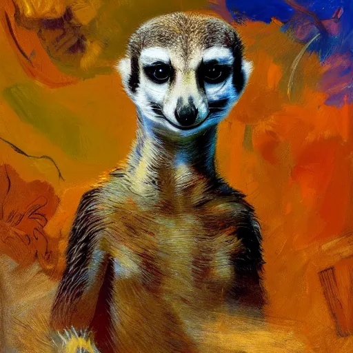 Prompt: painting of a meerkat in the style of disco elysium, expressionism, artstation, trending, by aleksander rostov, jenny saville, rembrandt, alex kanevsky, wassily kandinsky, dave mckean, yoshitaka amano