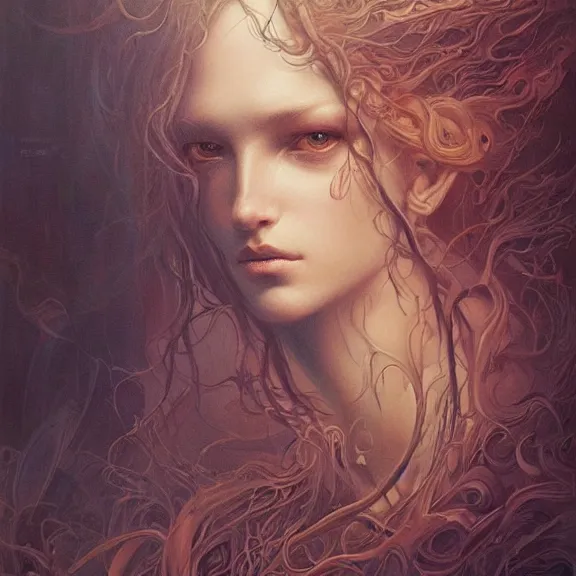 Image similar to a highly detailed beautiful portrait in the style of jean delville and in the style of peter mohrbacher.