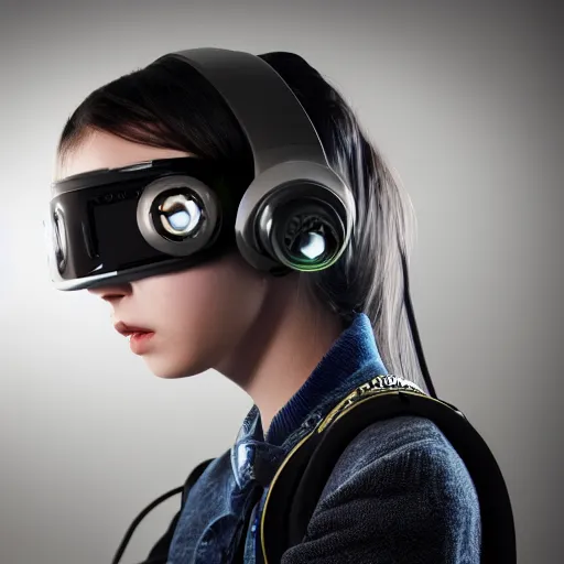 Image similar to 2070 photorealistic portrait of cute cyber punk high school girl, she is wearing heavy complicated future headsets. award winning, taken by canon 5d mk4, art lens, perfect lighting, hollywood, sci-fi