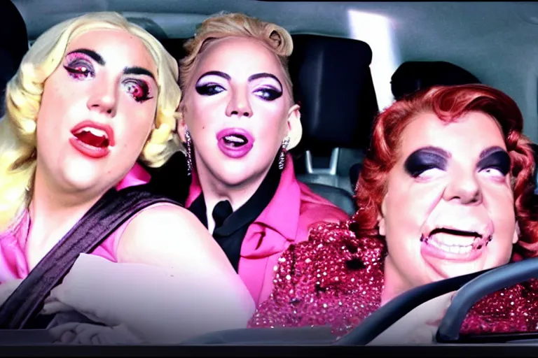 Image similar to carpool karaoke screenshot of lady gaga and judy garland, highly realistic, highly detailed, high resolution, 8 k 4 k,