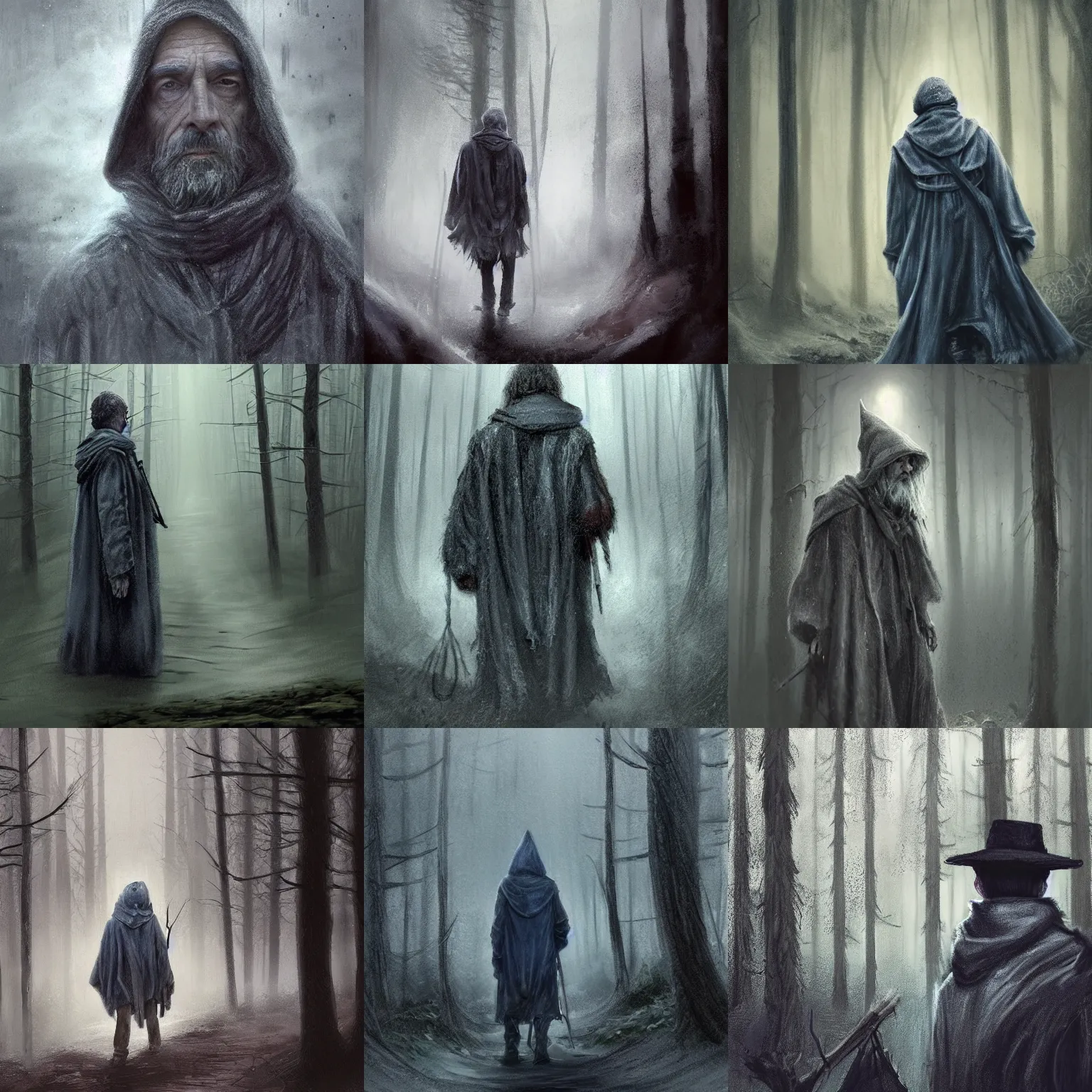 Prompt: an absent-minded, wandering wizard in his 70s, dressed in a ragged, gray traveling cloak. The background is a eastern european forrest in the twilight, heavy raining, dramatic lights, high detail, photorealistic, cinematic lighting, blue tones, atmospheric, fantasy concept art by VictorGC-Dibujando and Anastasia Ovchinnikova, trending on ArtStation.