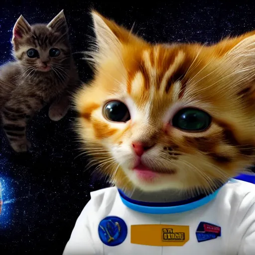 Prompt: kittens in spacesuits play in outer space on the Webb telescope. Blockbuster, cinematic, cgi