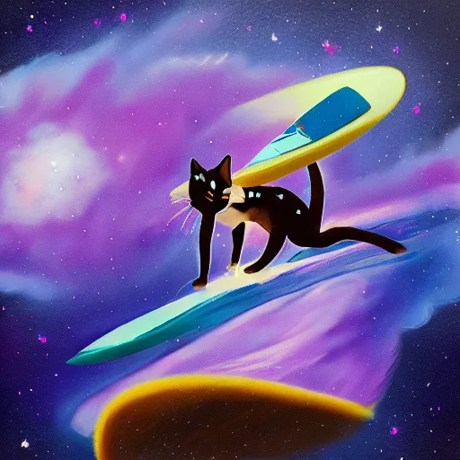 Image similar to A catgirl surfing through the magnificent nebula