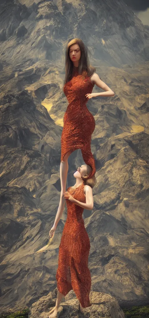 Image similar to a beautiful hyperrealistic ultradetailed 3D render girl in a magnificent dress stands near a volcano, voge photo, fashion style, Annie Leibovitz photostyle, octane render, 3D, brilliantly colored, intricate, wide angle, volumetric lighting, polished, path tracing