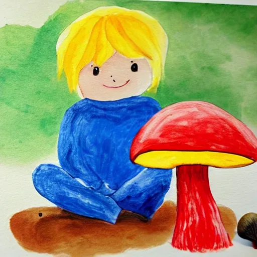 Image similar to a children painting of a cute creature sitting next to a mushroom, detailed, realistic