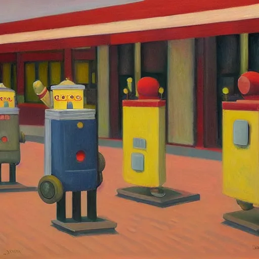 Image similar to robots queue up to eat ice cream, grant wood, pj crook, edward hopper, oil on canvas