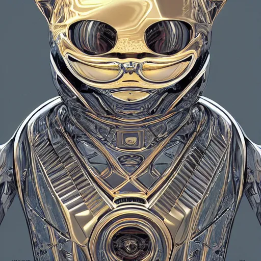 Prompt: gold and silver tones, cybernetic cat, style of moebius, james jean, rutkowski, cinematic, high detail, award winning, 8 k photorealistic